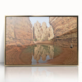 Mid-century modernist art depicting an abstract Algerian landscape in gold and brown tones, acrylic print framed.