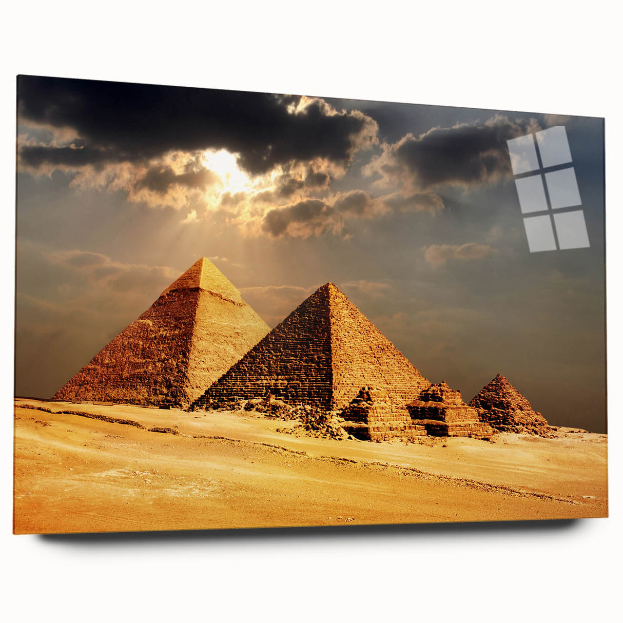 Large abstract wall art of an Egyptian landscape in muted earth tones on acrylic glass.