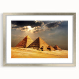 Abstract art print of an Egyptian landscape in muted earth tones on a framed silver mat, suitable for dining room decor.