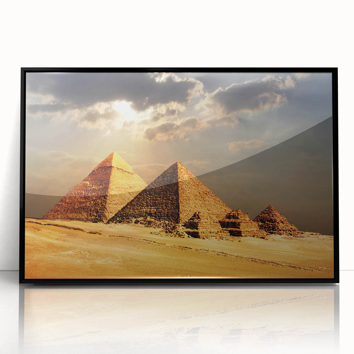 Large abstract wall art depicting an African landscape in muted earth tones, framed in black acrylic.
