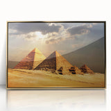 Mid-century modernist art of Egyptian scenery in gold tones, acrylic framed, ideal for nursery wall art.