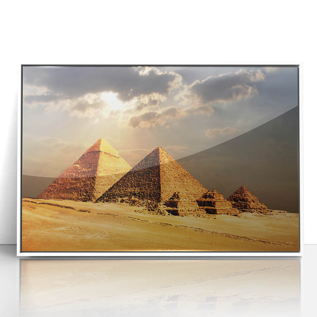 Framed acrylic print of an Egyptian landscape in muted earth tones, ideal for modern art wall decor.