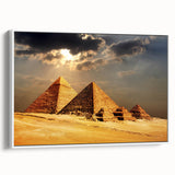Framed canvas of a vintage-style Egyptian landscape in muted earth tones, ideal for bedroom wall art.