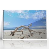 Large art print of a Kenyan landscape in mid-century modernist style, featuring muted earth tones on framed acrylic.