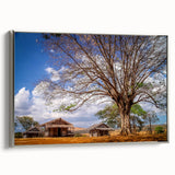 Vintage poster art of Madagascar scenery in colorful tones on extra large framed canvas, suited for living room decor.