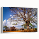 Framed canvas depicting a vintage-style Madagascar landscape in muted earth tones, ideal for bedroom wall art.