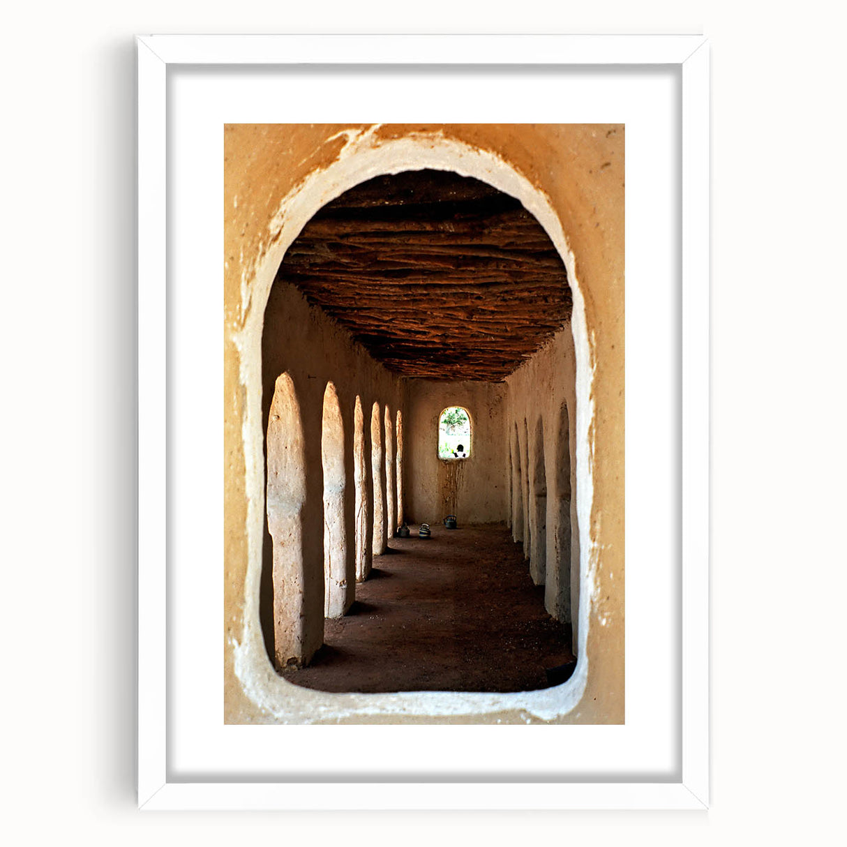 Extra large abstract art print of Mali scenery on textured canvas, framed with white mat, ideal for living room decor.