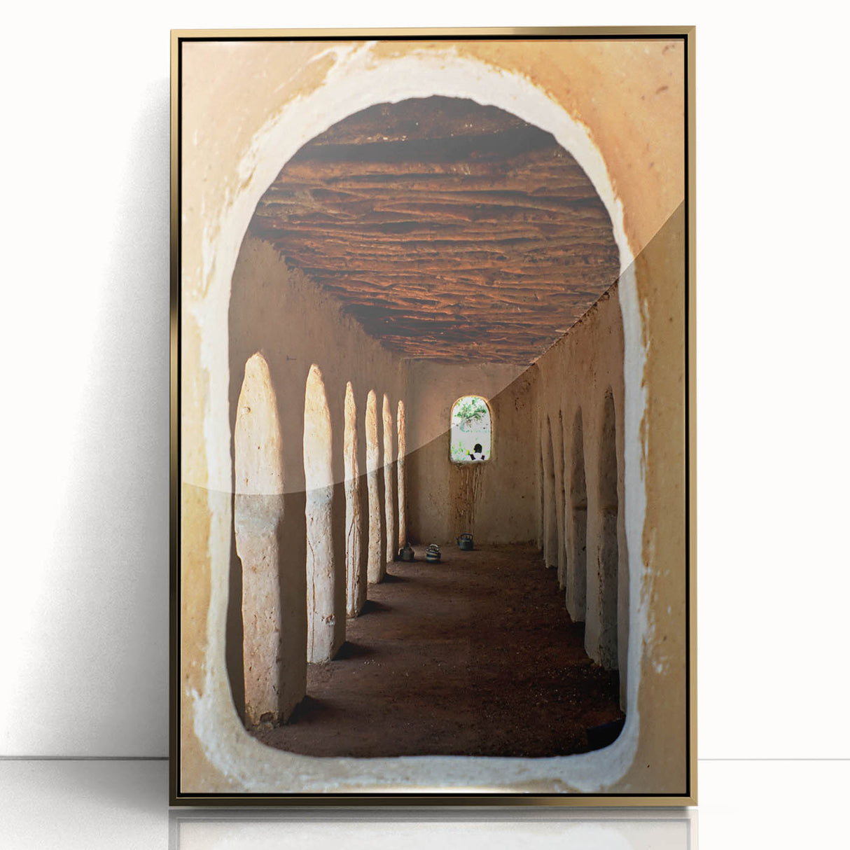 Mid-century modernist art depicting a Mali landscape in gold and earth tones on a framed acrylic panel.