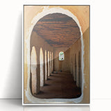 Large art print of a mid-century modernist African scenery in a white acrylic frame, ideal for nursery wall decor.