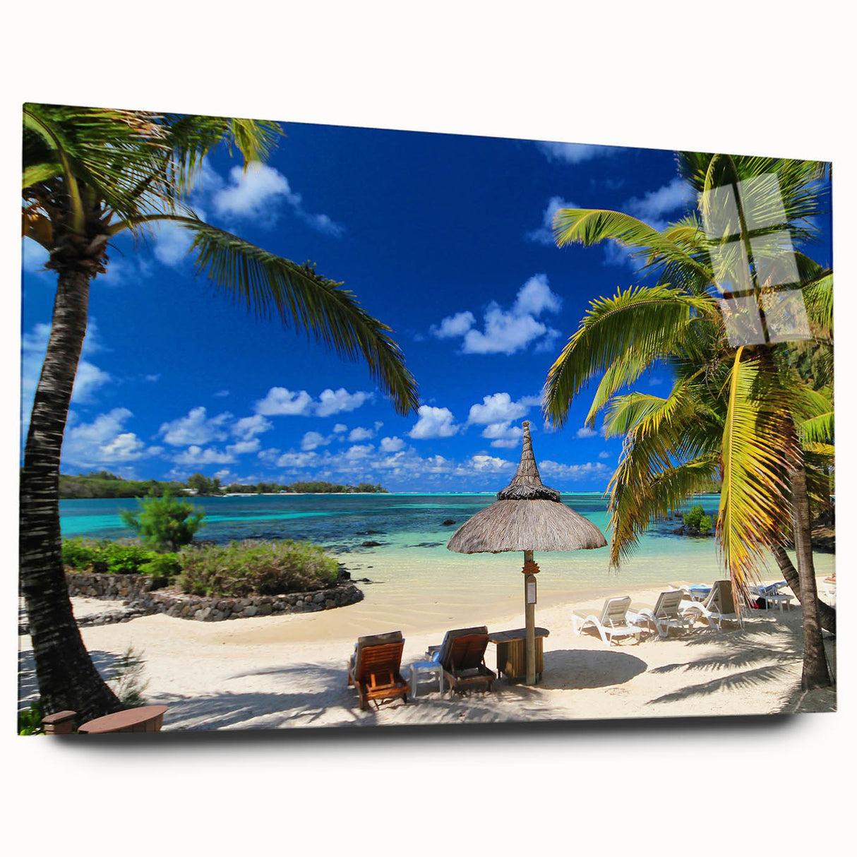 Large abstract wall art depicting a Mauritian landscape in vibrant green and blue tones on acrylic glass.