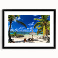 Extra large abstract art print of colorful, textured scenery depicting Mauritius, in a black frame with mat.