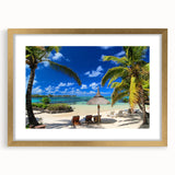 Textured abstract art print depicting a serene Mauritius landscape in muted earth tones on a framed canvas.