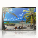 Art deco poster of a Mauritian landscape in silver framed acrylic, featuring soft pastel colors.