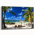 Black and white framed canvas depicting a serene Mauritius landscape, ideal for bedroom wall decor.