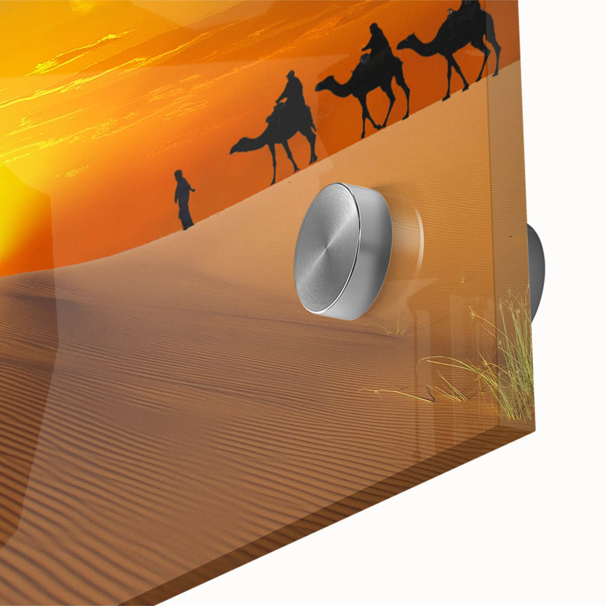 Large abstract wall art depicting a Moroccan landscape in muted earth tones on acrylic glass.