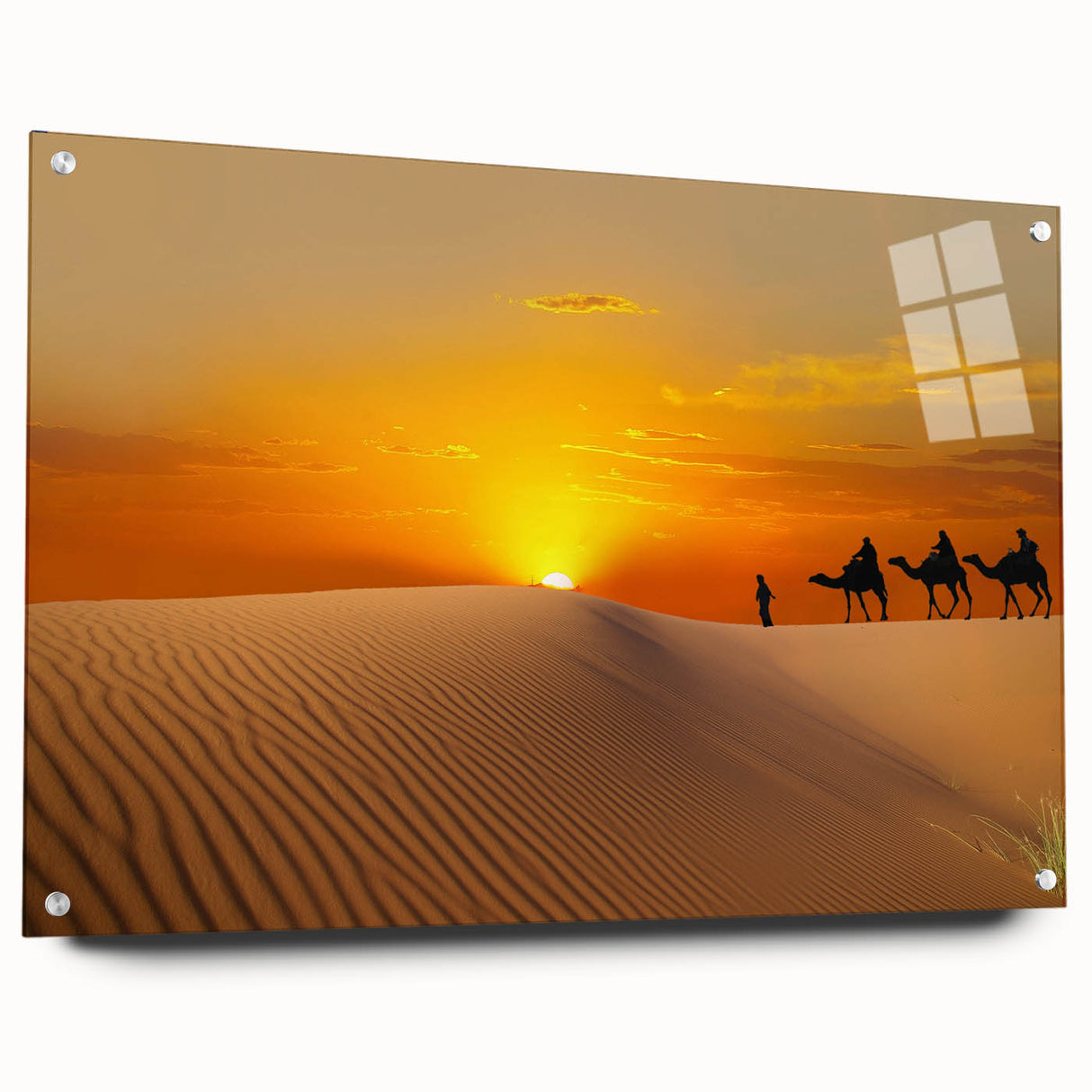 Large abstract wall art depicting a Moroccan scenery in muted earth tones on acrylic glass.
