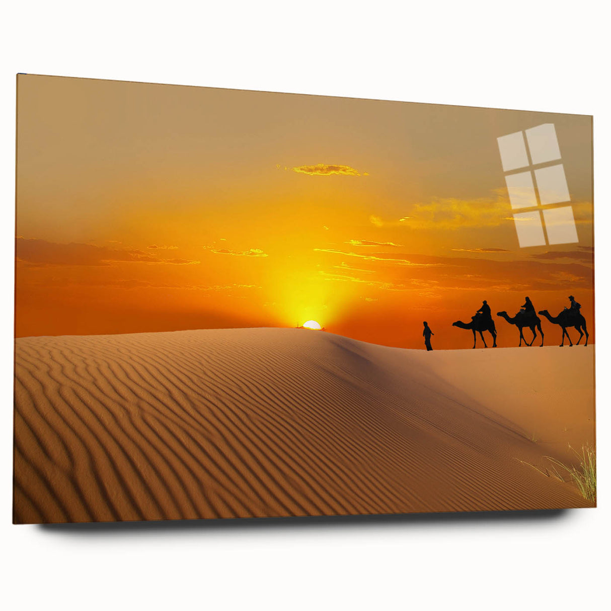 Large abstract wall art depicting a Moroccan scenery in muted earth tones on acrylic glass.