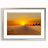 Abstract art print of Moroccan scenery in silver frame with mat, featuring earth tones, ideal for dining room decor.