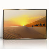 Mid-century modernist art depicting a Moroccan landscape in muted gold and blue tones, framed acrylic print.