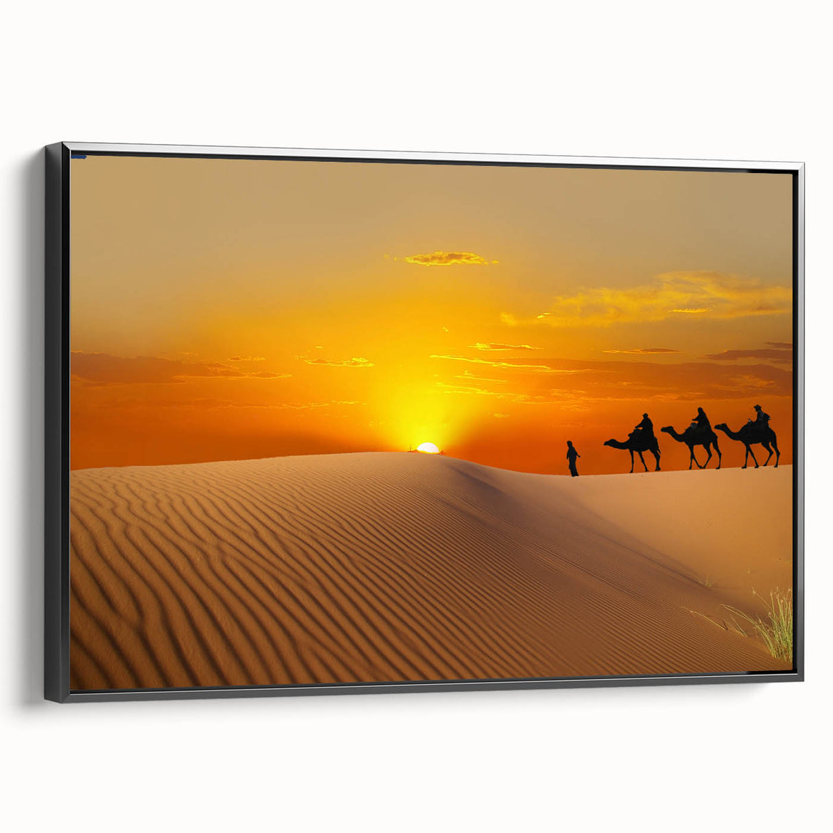 Black and white framed canvas featuring a vintage-style Moroccan landscape, ideal for bedroom wall decor.
