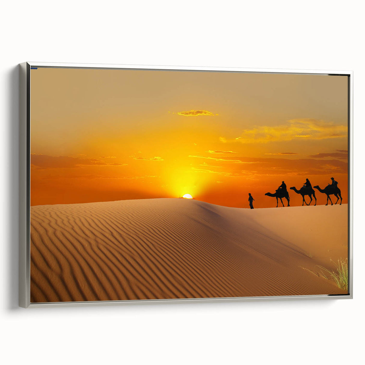 Vintage poster art of a Moroccan landscape in vibrant colors on a framed canvas, ideal for living room decor.