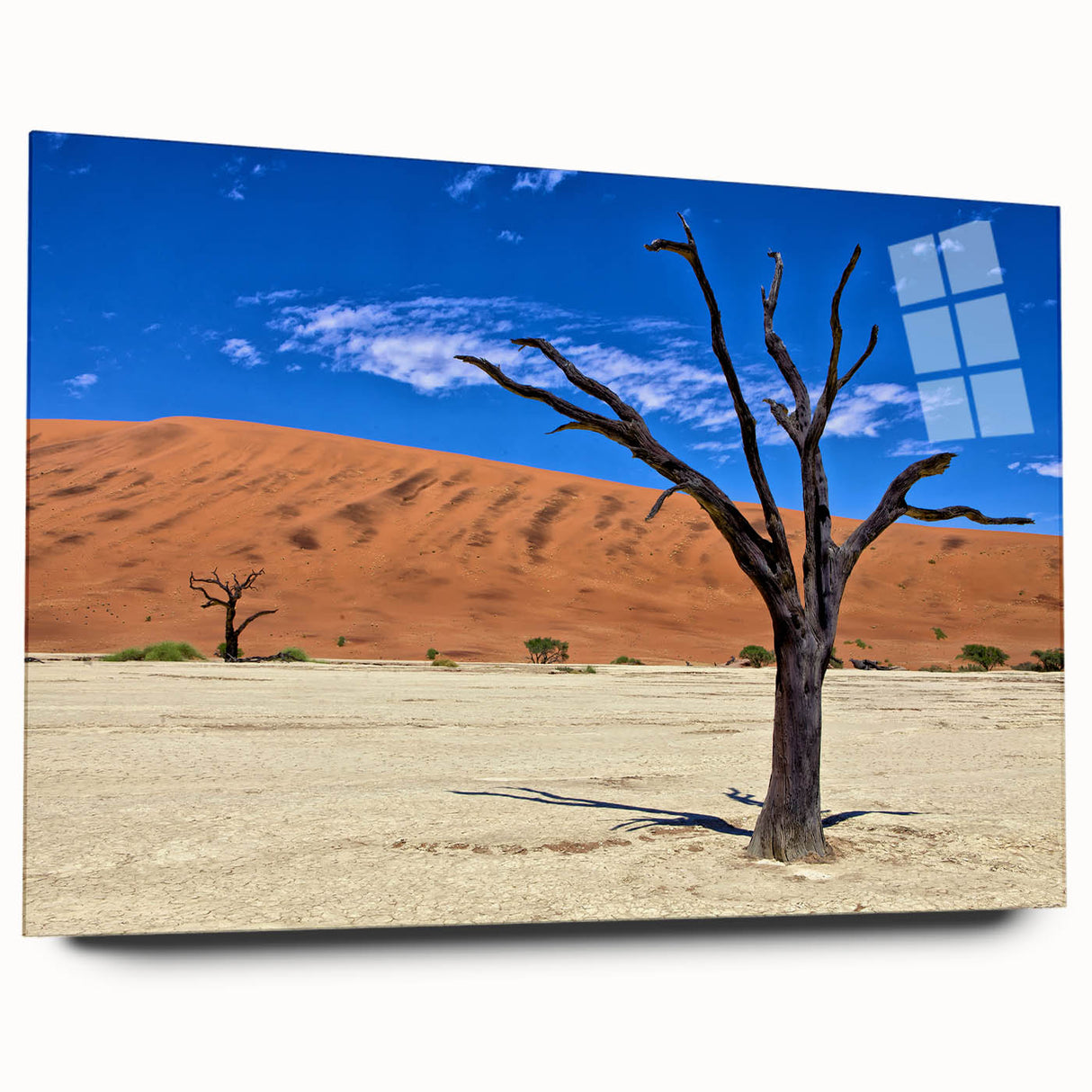 Large abstract depiction of Namibian scenery in muted earth tones on acrylic glass, suitable for bedroom or dining room art.