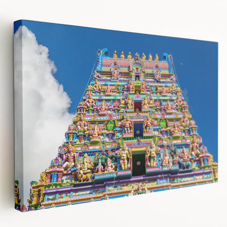 A serene Seychelles landscape on a large stretched canvas, featuring lush greenery and ocean blues.