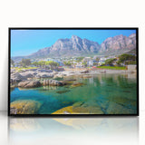 Large abstract wall art depicting an African savannah scene in muted earth tones on a framed acrylic panel.