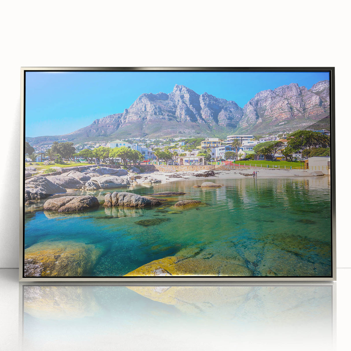 Mid-century modernist art depicting a South African landscape in muted earth tones on a framed acrylic.