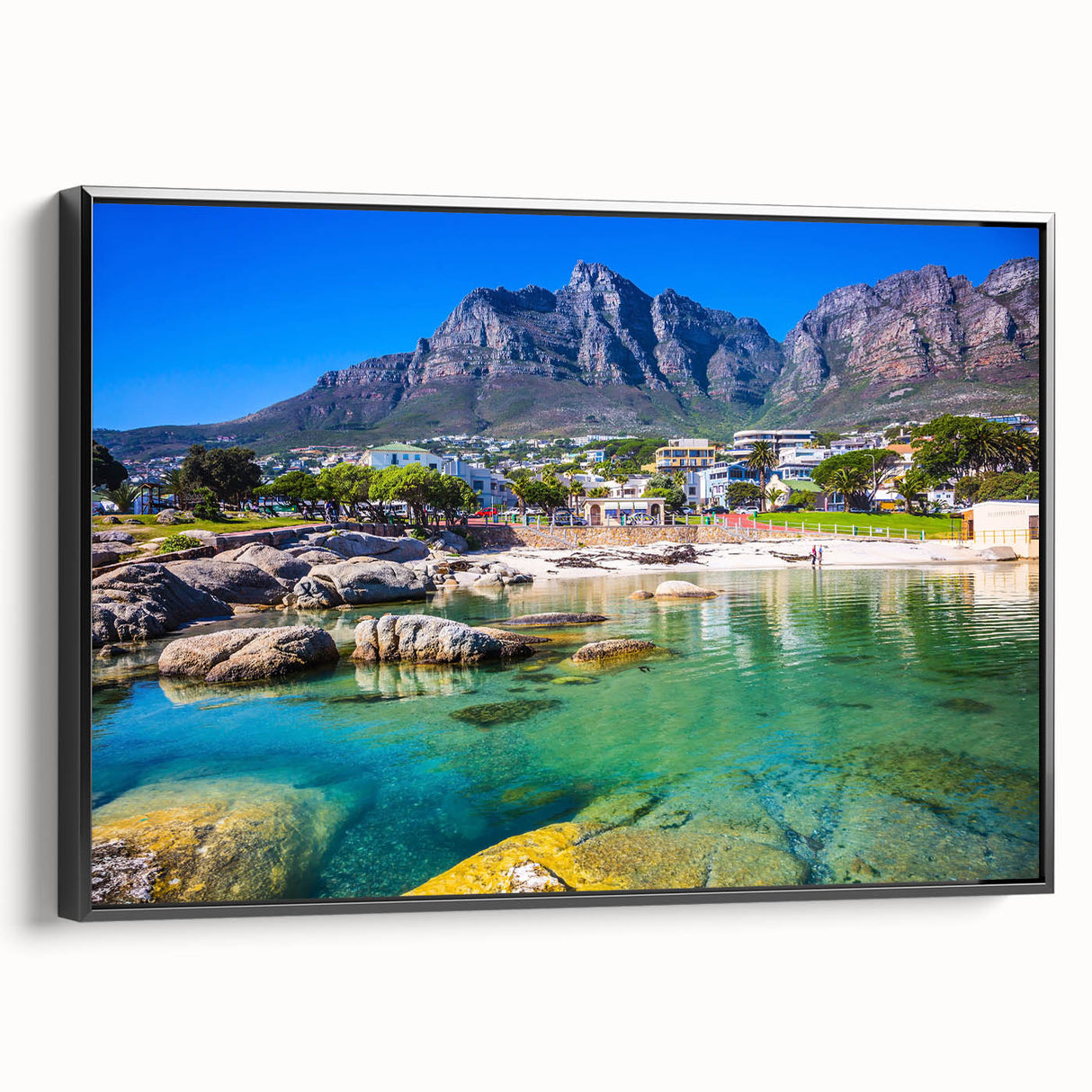 Black and white framed canvas featuring a vintage-style African landscape, ideal for bedroom wall decor.
