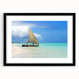 Extra large abstract art print featuring a colorful, textured depiction of Tanzania scenery, framed in black.