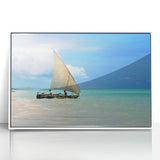 Acrylic print of a serene Tanzanian landscape in muted earth tones, framed in white, suitable for modern art wall decor.