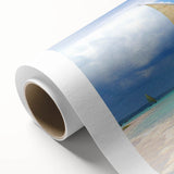 Art deco poster of a serene Tanzanian landscape on rolled canvas, featuring soft earth tones, ideal for nursery wall art.