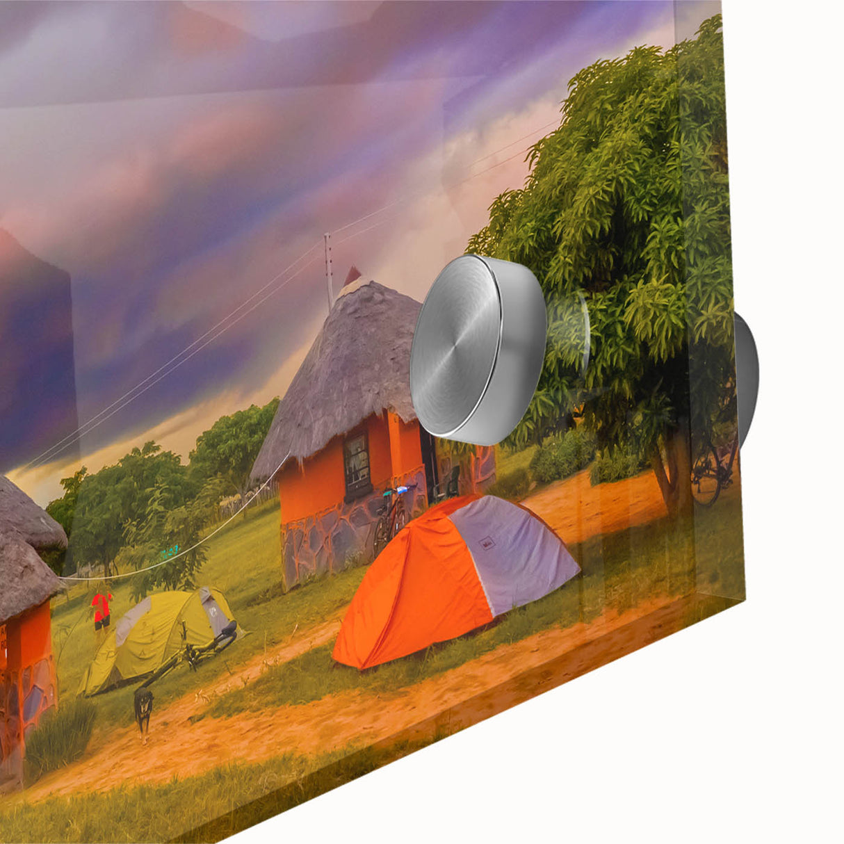 Large abstract depiction of an African landscape in muted earth tones on acrylic glass, ideal for dining room art.