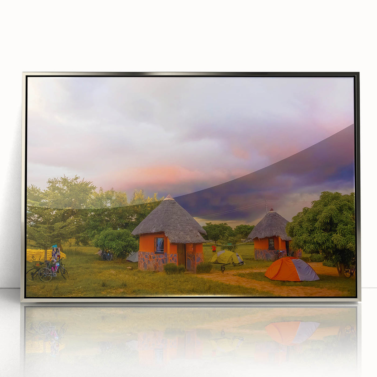 Mid-century modernist art depicting the African Zambia scenery in muted earth tones on a framed acrylic print.