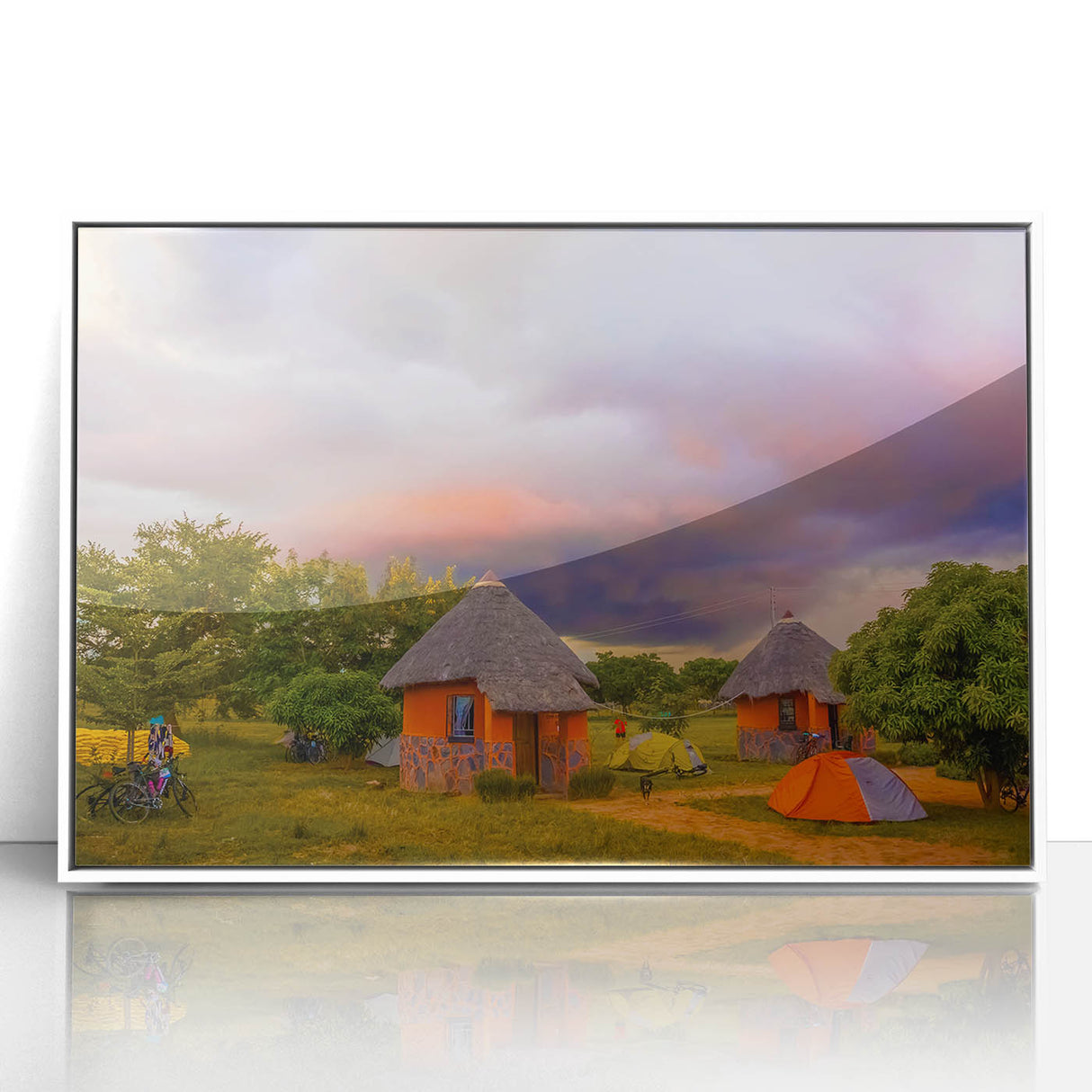 Art deco poster of Zambia scenery in muted earth tones on a white acrylic frame, suitable for modern art wall decor.