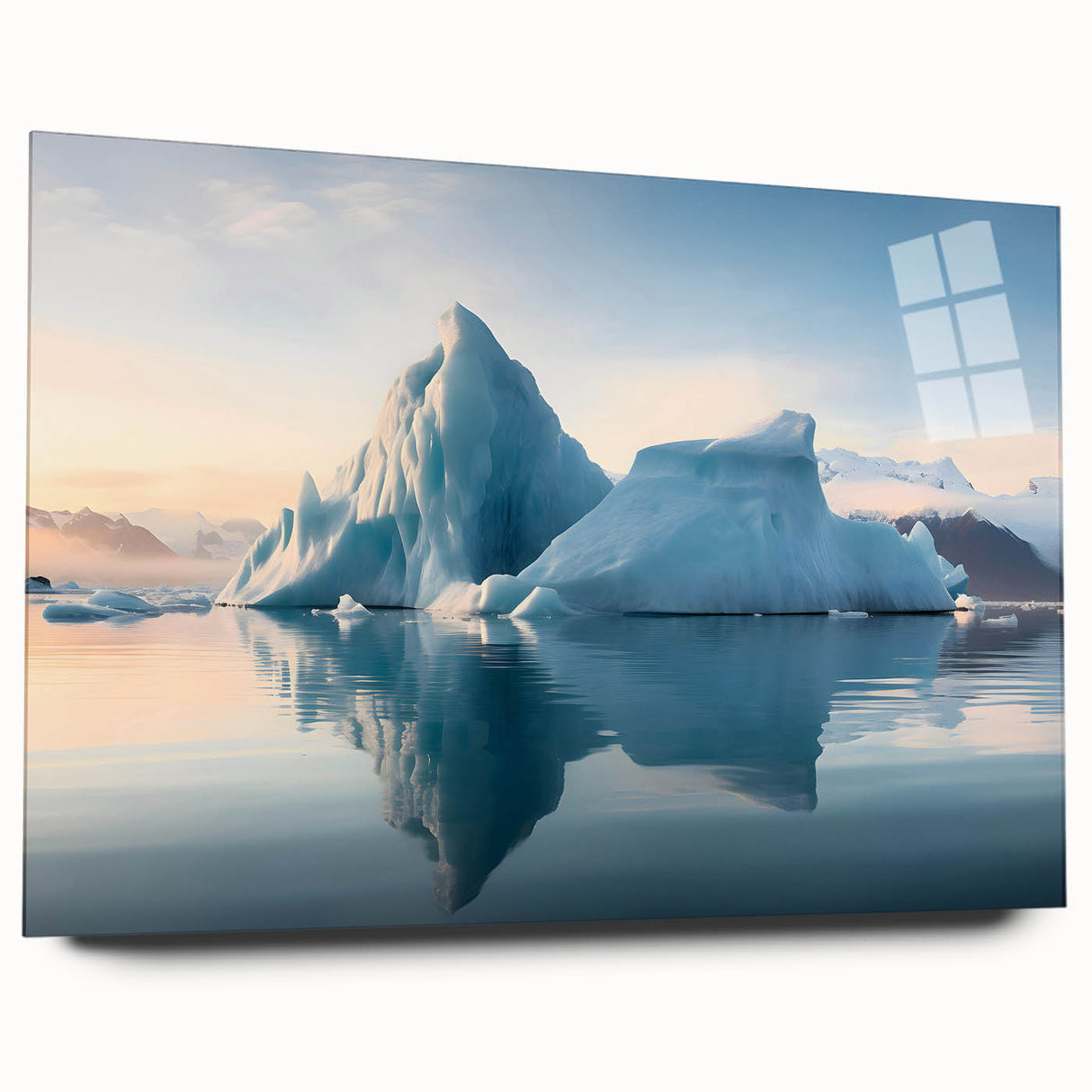 Large abstract wall art depicting an Antarctic scenery in muted blue and white tones on acrylic glass.