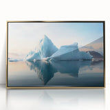 Acrylic print of an Antarctic landscape in muted blues and whites, framed in gold, suitable for modern art wall decor.