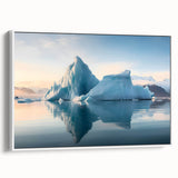 Vintage poster art of Antarctica landscape on framed canvas, featuring a palette of black and colorful hues.