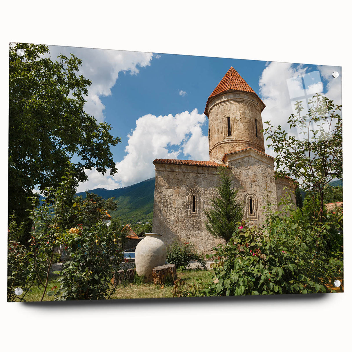 Large abstract wall art depicting a serene Asian landscape in muted earth tones on acrylic glass.