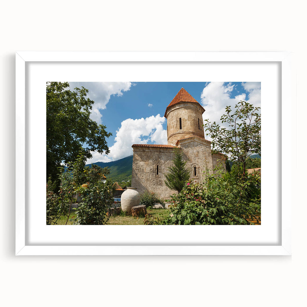 Abstract art print of a minimalist Azerbaijan landscape in muted earth tones on a framed white mat.