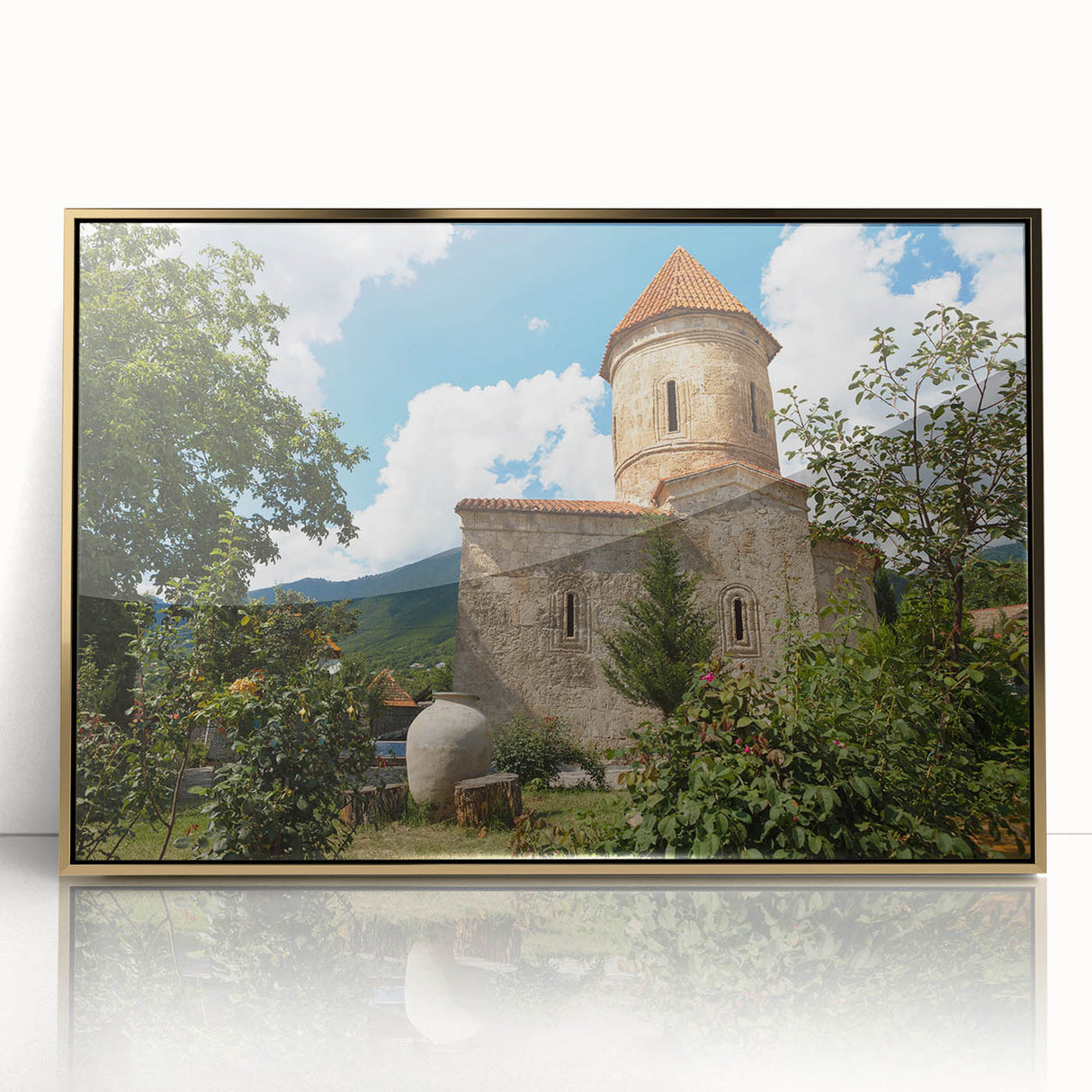 Large art print of a mid-century modernist Asian scenery in gold and blue tones, acrylic framed.