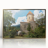 Large art print of a mid-century modernist Asian scenery in gold and blue tones, acrylic framed.