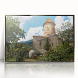 Mid-century modernist art depicting an abstract cityscape in muted gray and blue tones, acrylic print framed in silver.