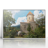 Art deco poster of an Asian scenery in Azerbaijan, displayed in a white acrylic frame.