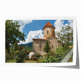 Rolled print of an Asian landscape with floral elements in soft green and pink tones, suitable for dining room wall art.