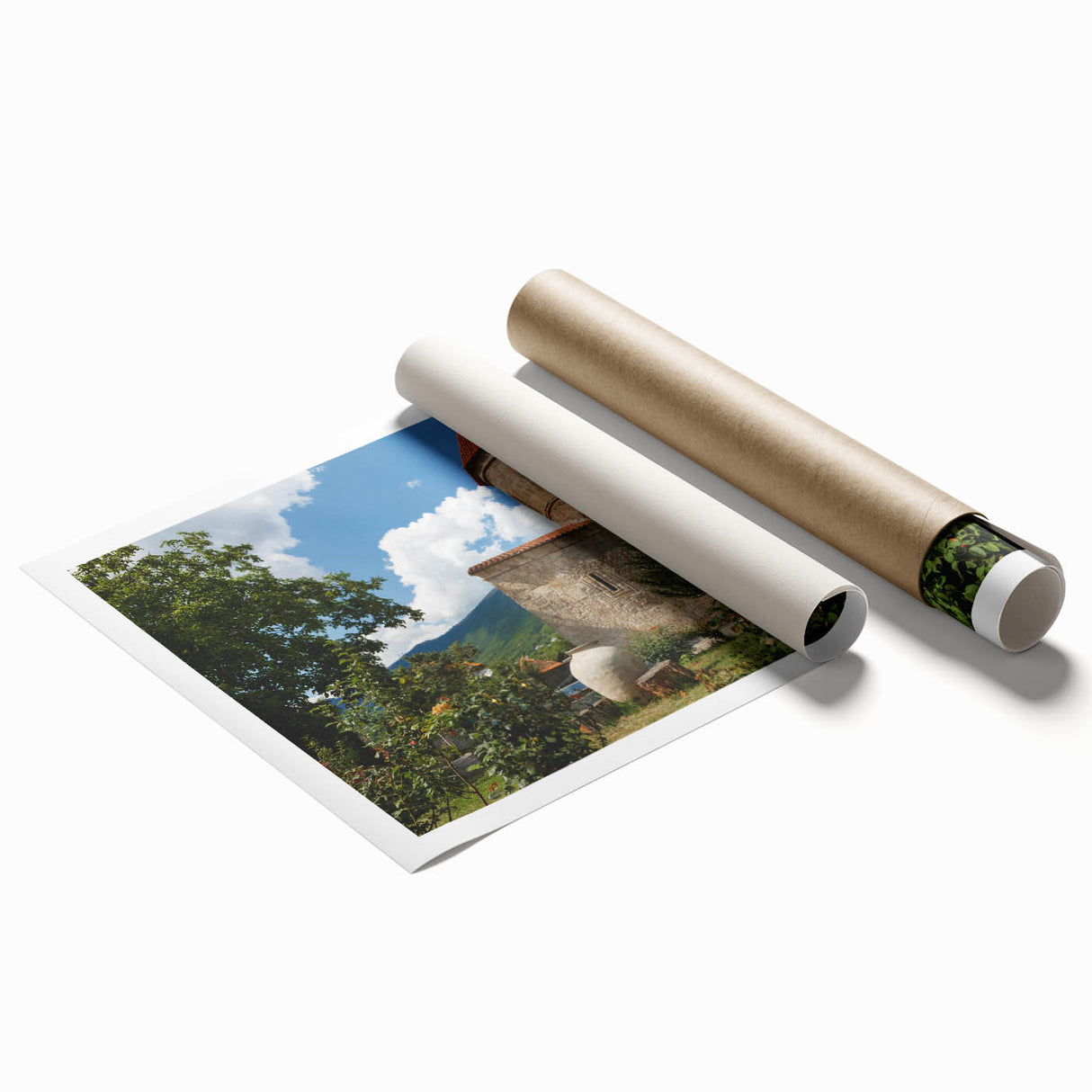 Extra large rolled print depicting vibrant floral art with rich hues of red and green, ideal for classy bathroom wall art.