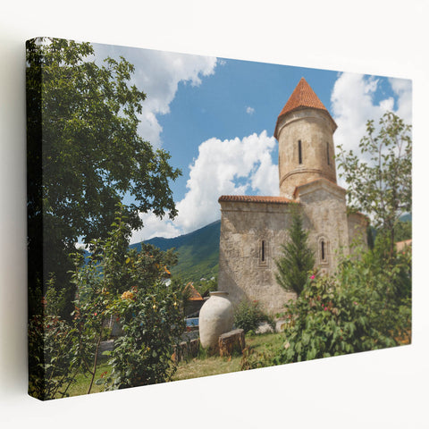 Side view of a stretched canvas featuring a serene Asian landscape in soft green and blue tones, ideal for kitchen wall art.