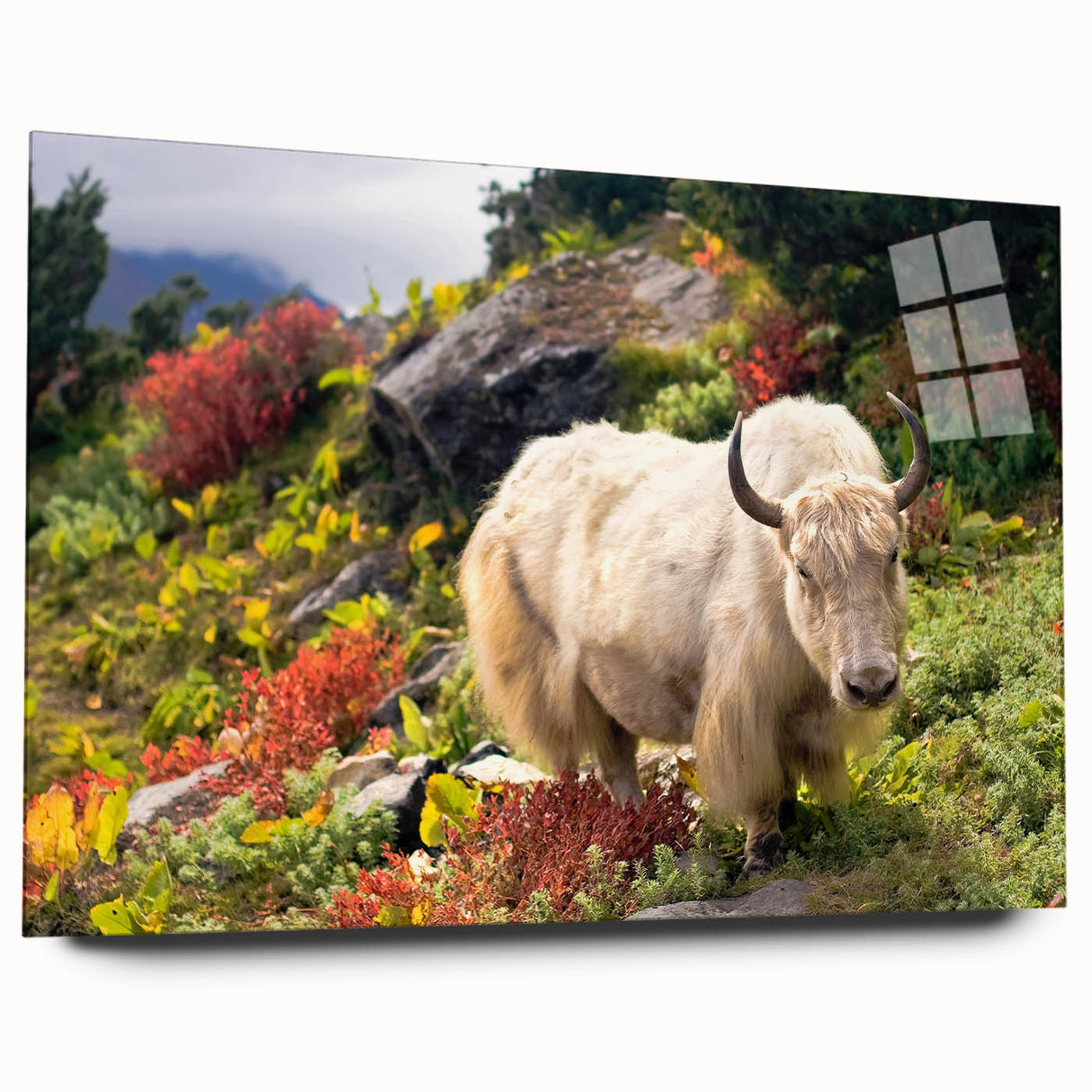 Large abstract wall art depicting a serene Bhutanese landscape in soft earth tones on acrylic glass.