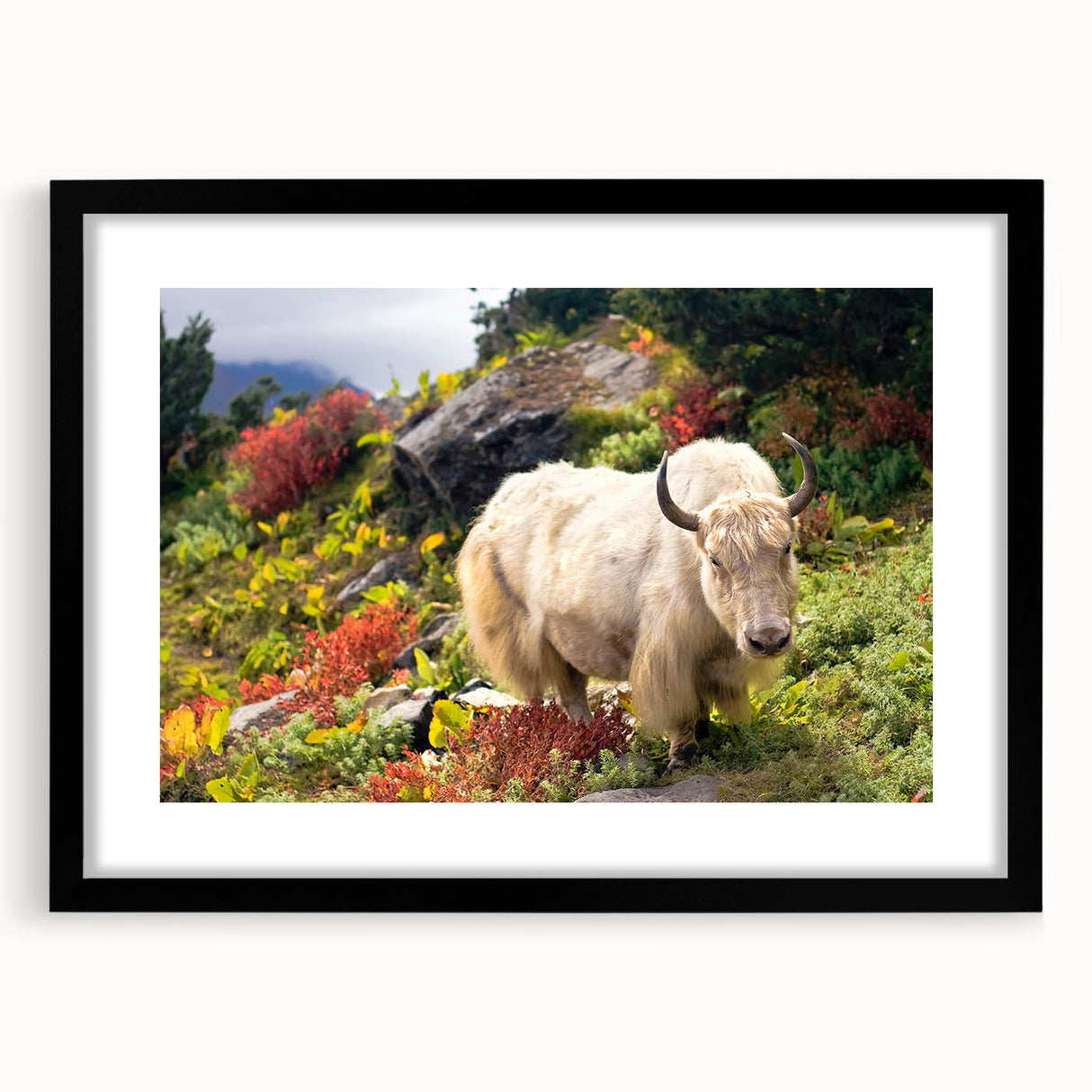 Extra large abstract art print of a colorful, textured Bhutanese landscape on a framed canvas, ideal for living room decor.